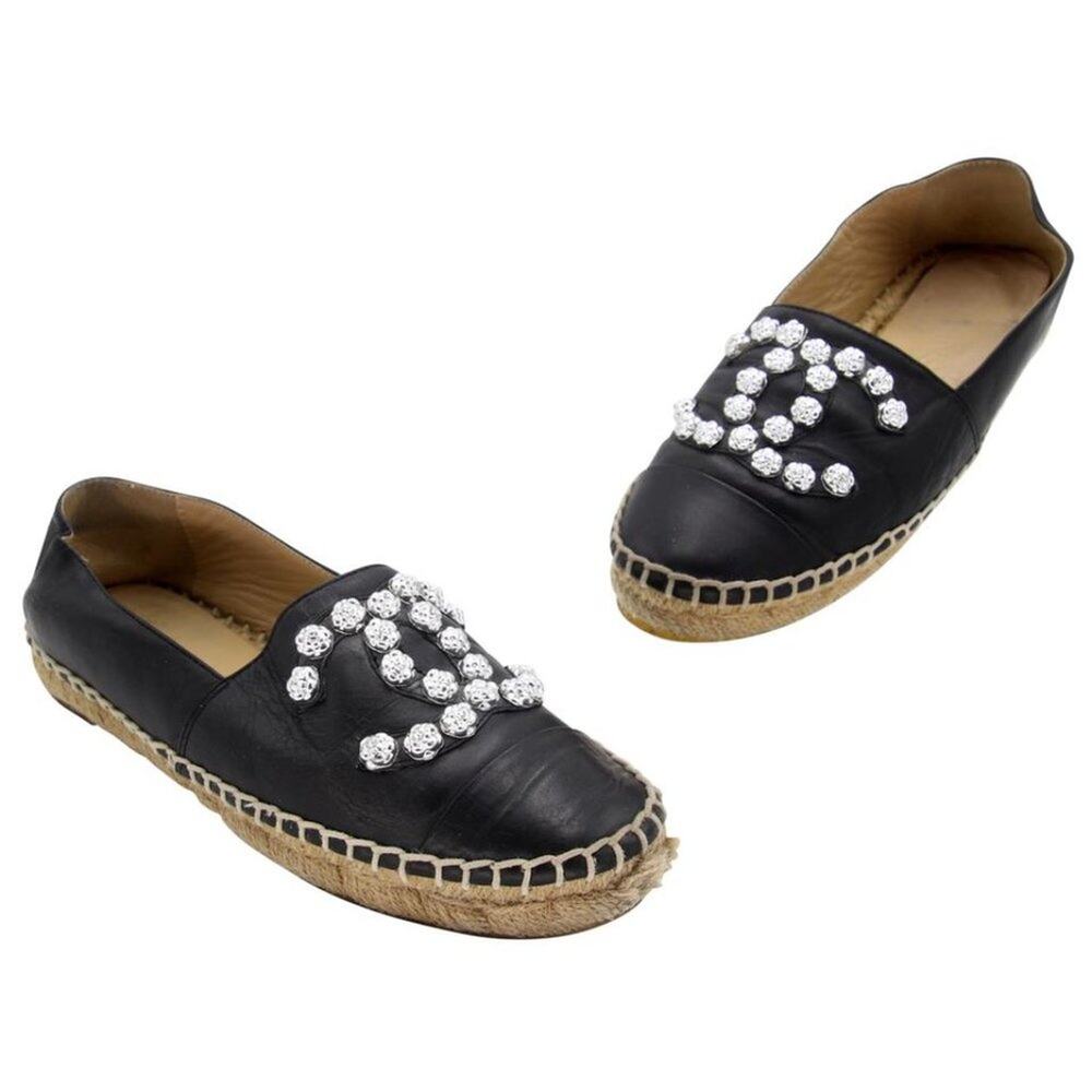 Chanel Espadrilles 36 Lambskin Leather Studded Cc Camellia Flats CC-S0207P-C031